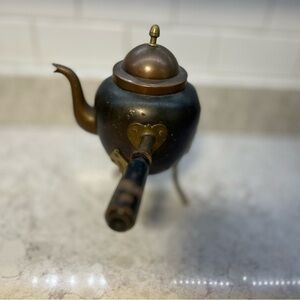 Vintage Black Copper and Brass Teapot with Long Handle - Home Kitchen